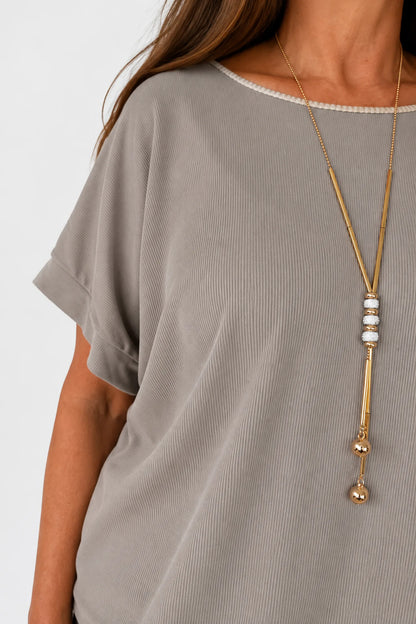 Fine Ribbed Gold Trim Sophia Necklace Top - Mocha