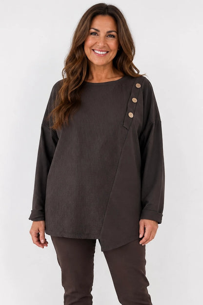 Cotton Button Detail Ezra Top - Chocolate