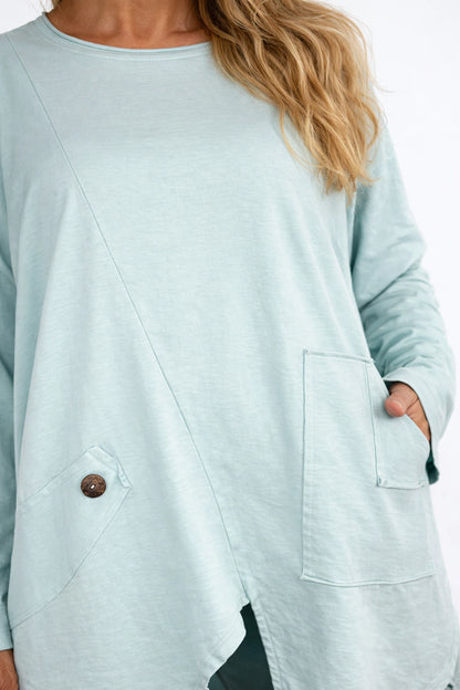 Cotton Button Detail Kara Pocket Sweatshirt - Mint