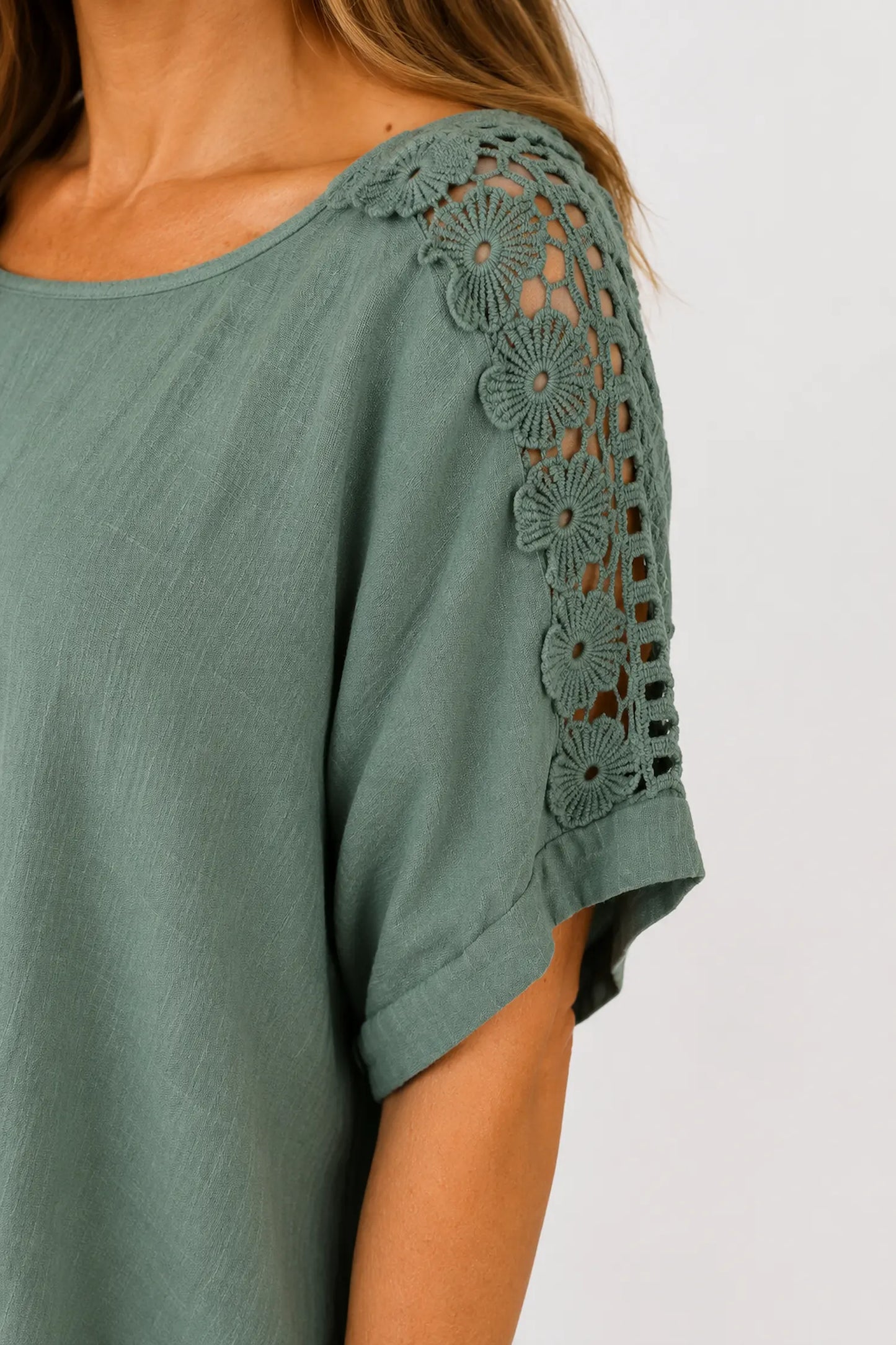 Pure Cotton Embroidered Crochet Sleeve Amira Top - Khaki