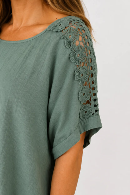 Pure Cotton Embroidered Crochet Sleeve Amira Top - Khaki