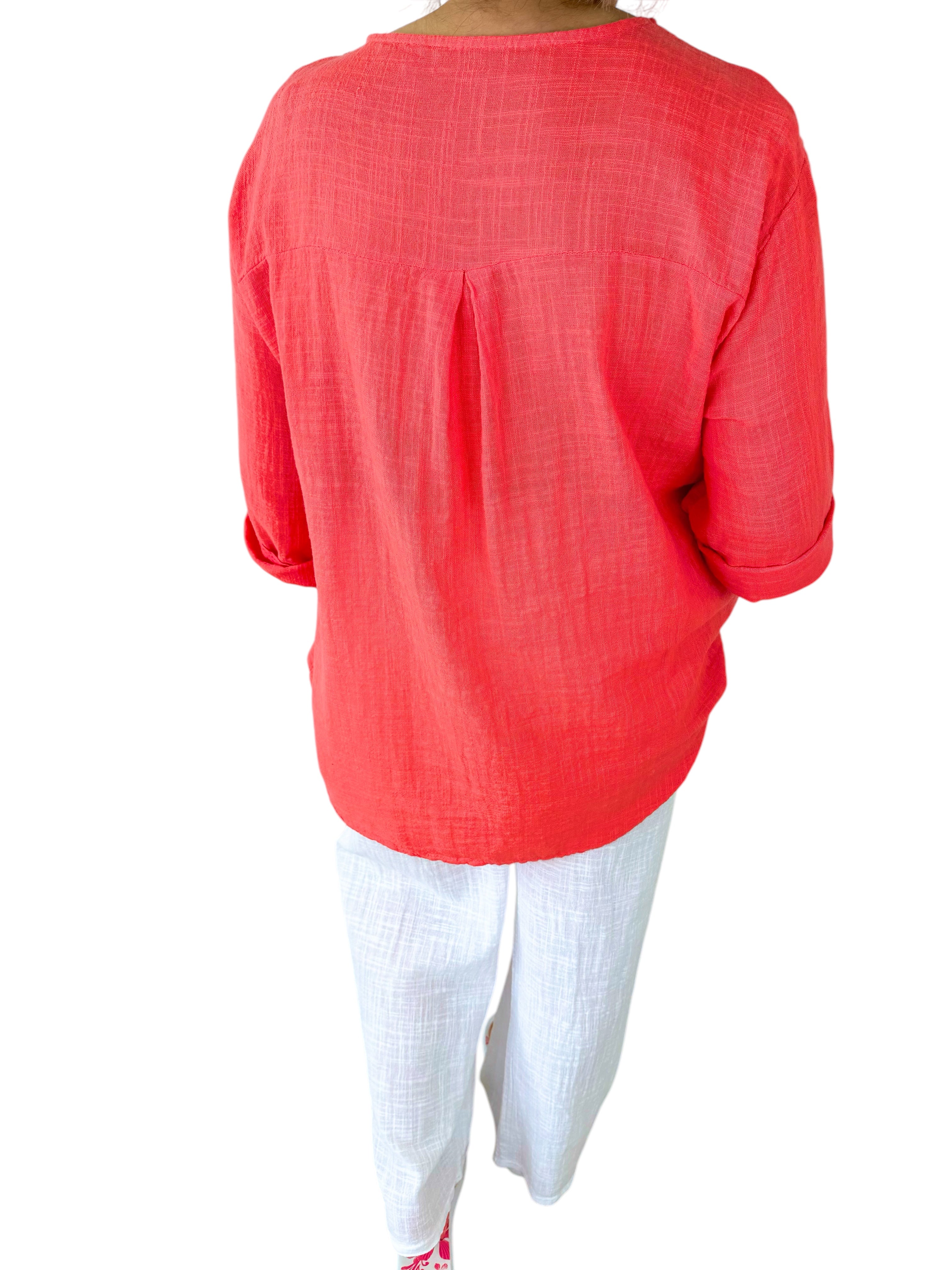 Pure Cotton Embroidery Anglaise One Button Carla Shirt - Coral