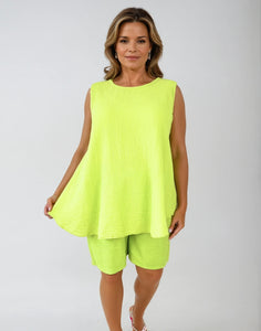Pure Bubble Cotton Vest and Pocket Detail Shorts Summer Set - Lime