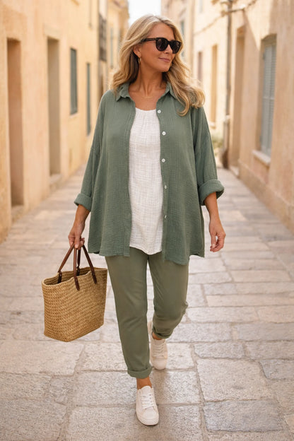 Pure Bubble Cotton Mesh Sleeve/Back Detail Celeste Button Shirt - Khaki