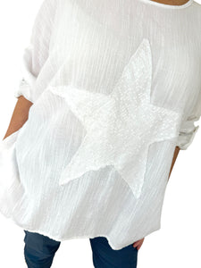 Cotton Sparkle Star Siana Button Sleeve Batwing Top - White