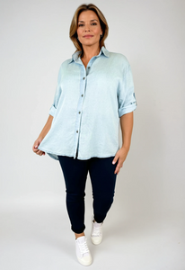 Button Sleeve Lila Denim Look Shirt - Light Denim