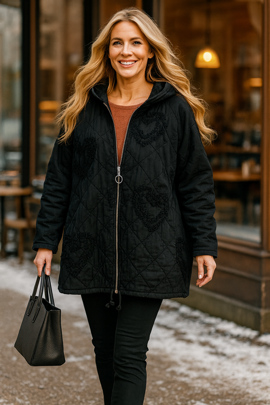 Cotton Embroidered Heart Amélie Hooded Jacket - Black