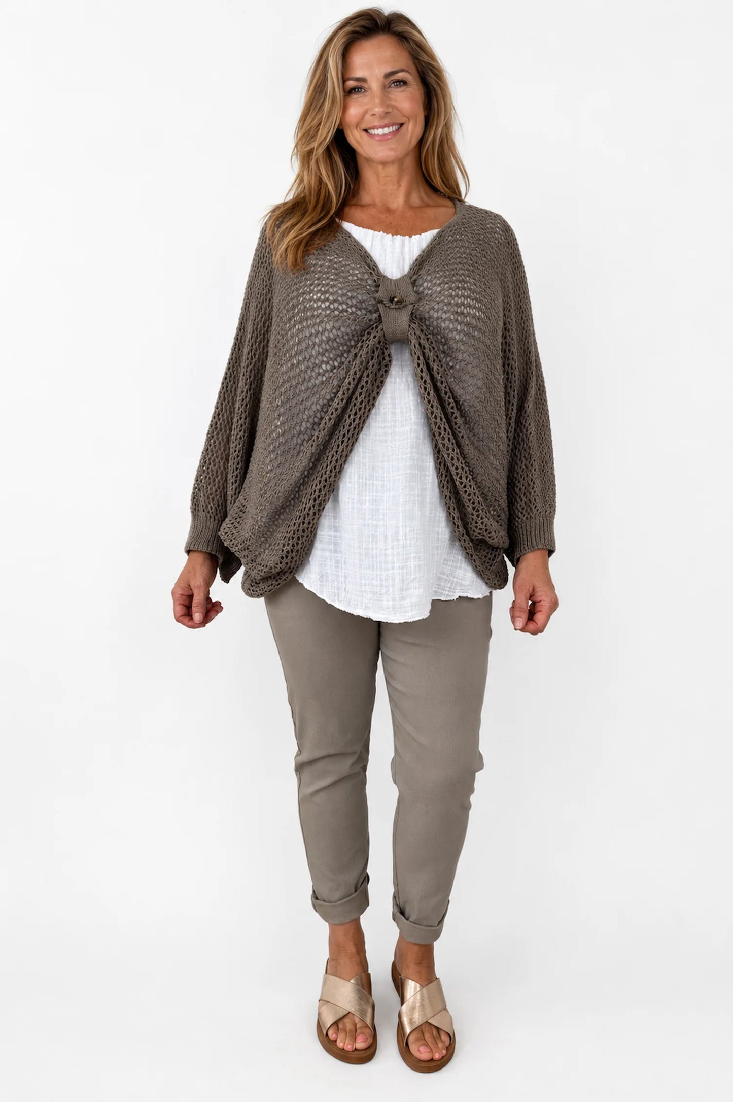 Pure Cotton Removable Tie Alexandra Batwing Crochet Top - Mocha