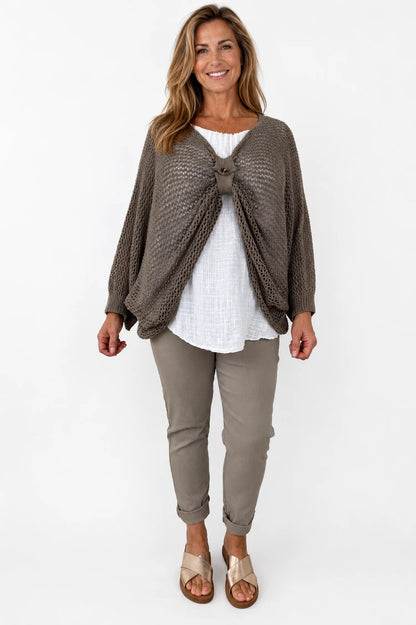 Pure Cotton Removable Tie Alexandra Batwing Crochet Top - Mocha