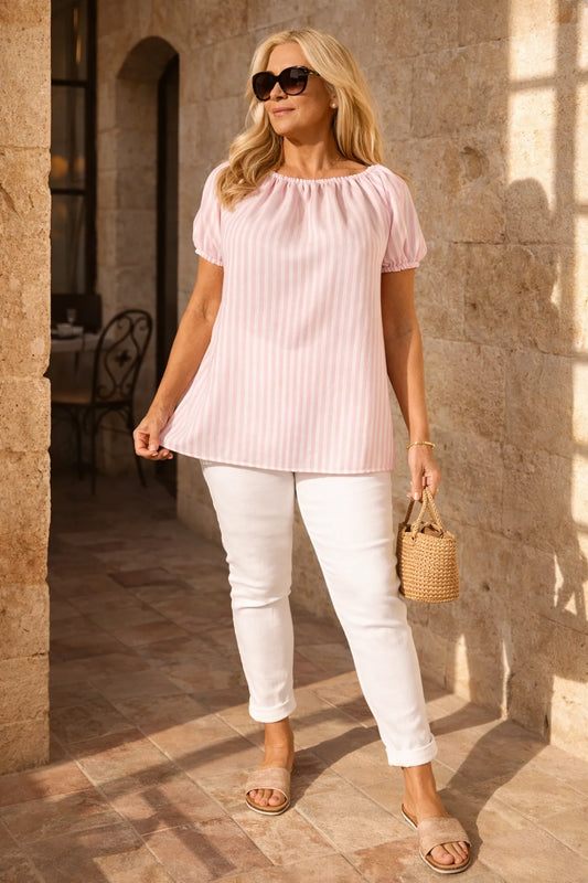 Candy Stripe Cotton Mix Elasticated Sleeve and Neckline Roxy Top - Baby Pink