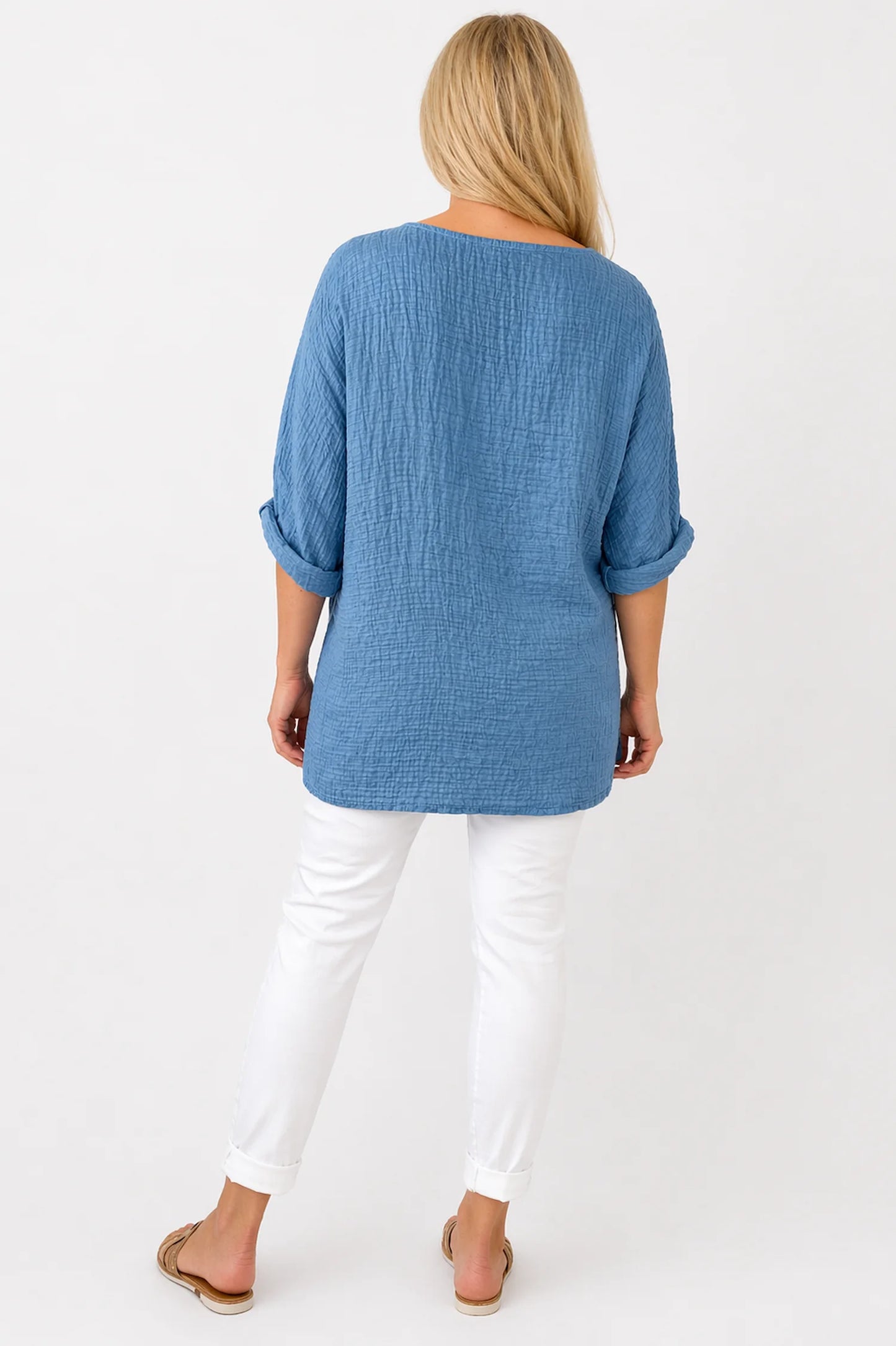 Lightweight Soft Crinkle Texture Lunae Necklace Top - Denim