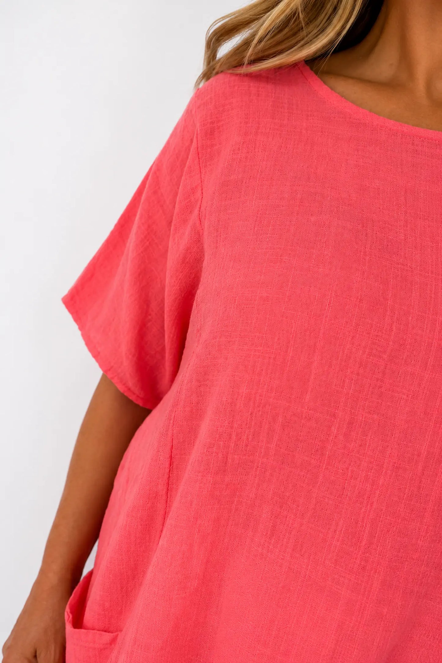 Pure Cotton Double Pocket Coté Tunic Top - Coral