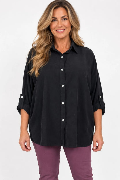 Pure Cotton Needlecord Button Sleeve Milan Button Shirt - Black