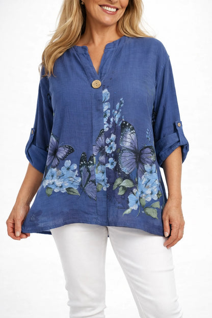 Pure Cotton Button Sleeve Button Detail Talia Shirt - Deep Denim