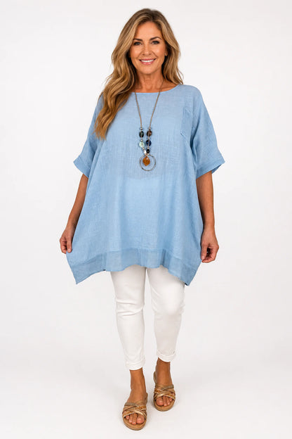 Pure Cotton Mesh Detail Pocketed Portofino Necklace Top - Baby Blue