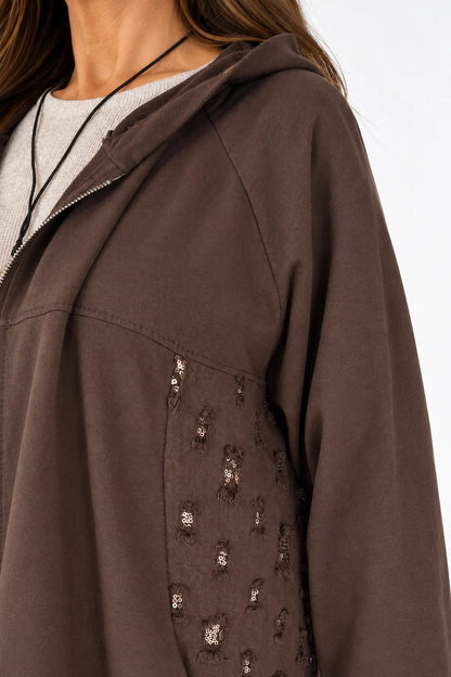 Cotton Gold Stitch Detail Zipped Florenzi Hooded Jacket - Chocolate