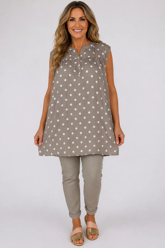 Polka Dot Valentina Button Cap Sleeve Top - Mocha