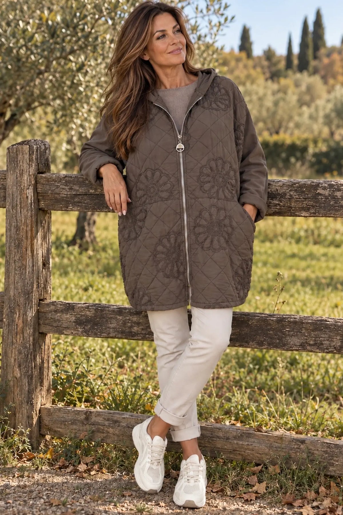 Embroidered Floral Quilted Cotton Hooded Zip Kala Coat – Chocolate