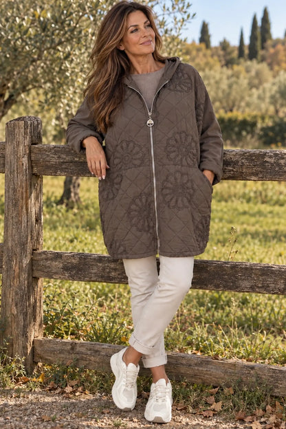 Embroidered Floral Quilted Cotton Hooded Zip Kala Coat – Chocolate