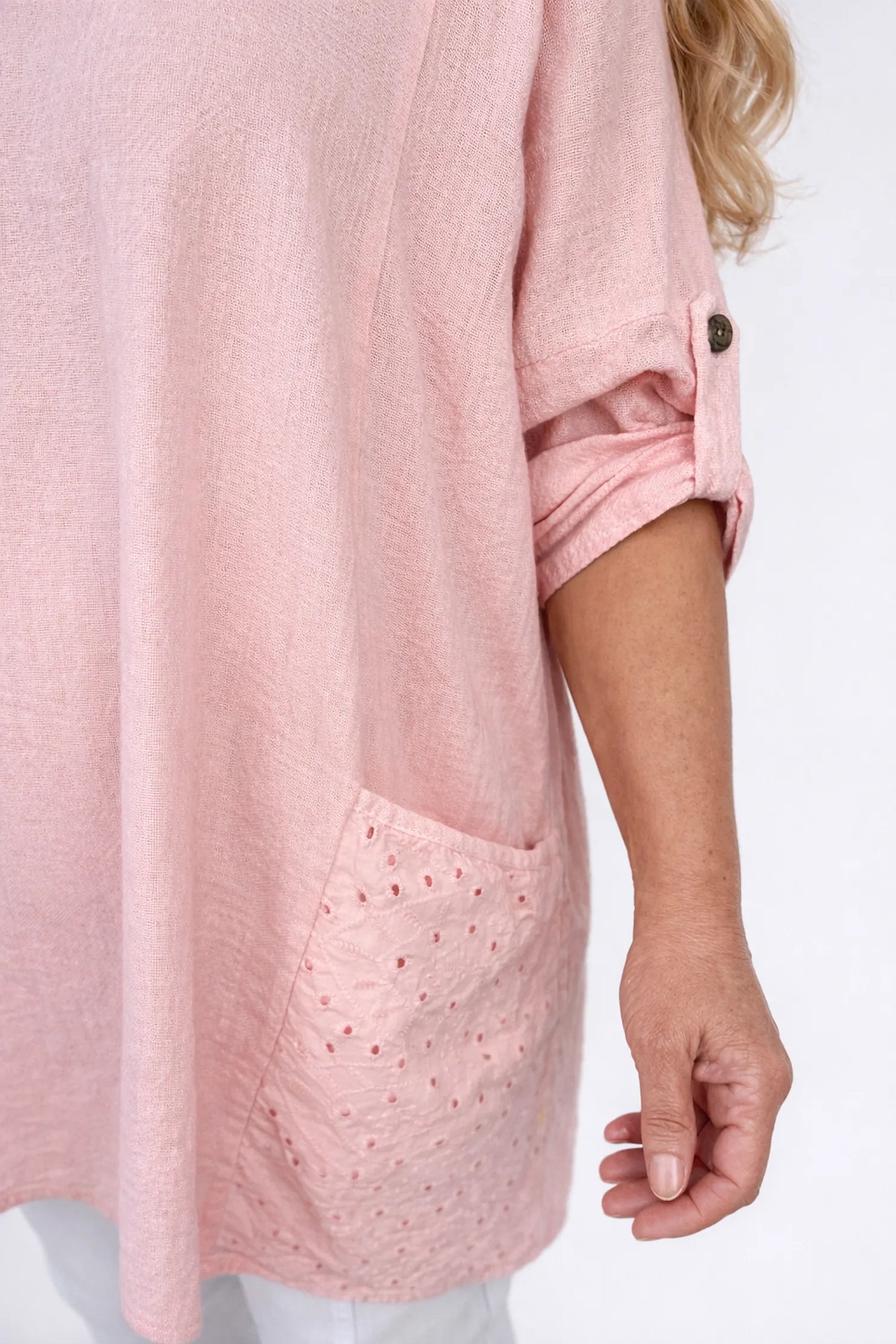 Cotton Crochet Detail Double Pocket Button Sleeve Cláudia Necklace Top - Baby Pink