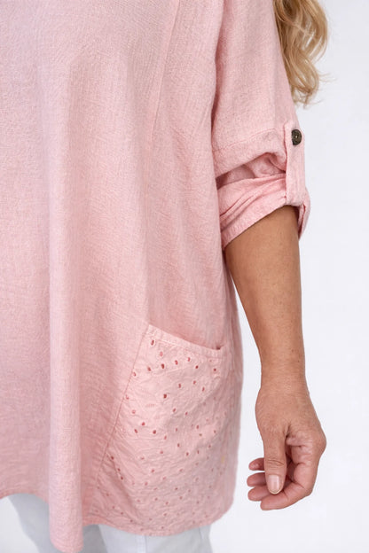Cotton Crochet Detail Double Pocket Button Sleeve Cláudia Necklace Top - Baby Pink