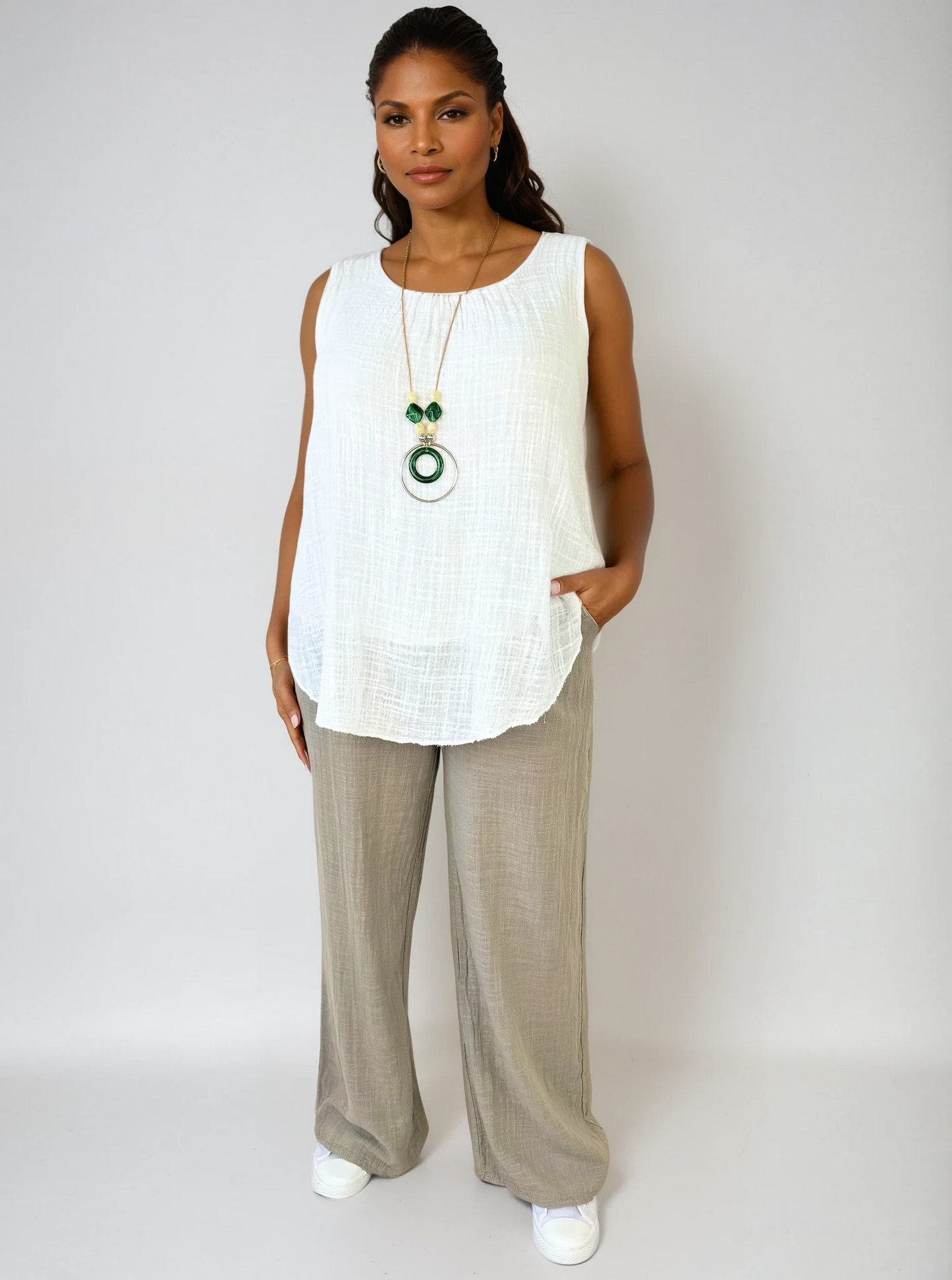 Pure Cotton Linen Look Wide Leg Pant - Mocha