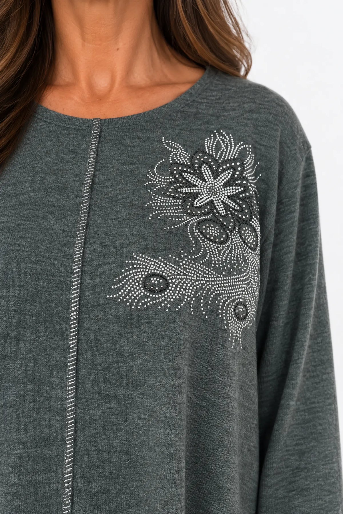 Wool Mix Diamanté Silver Stitch Ciana Top - Khaki