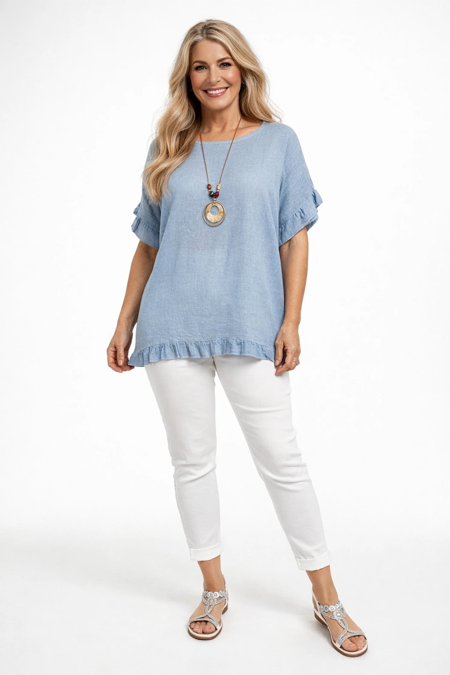 Linen Cotton Mix Frill Sleeve And Hem Iris Necklace Top - Washed Light Denim
