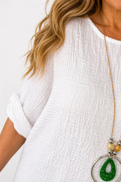 Lightweight Soft Crinkle Texture Lunae Necklace Top - White