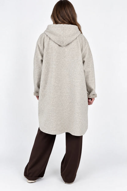 Viera Contrast Trim Double Pocket Drawstring Hooded Button Coat - Beige