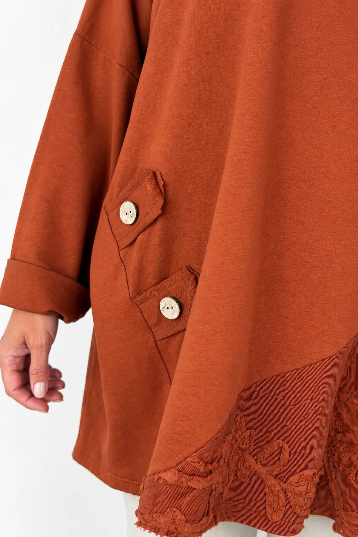 Cotton Button Detail Embroidery Anglaise Needlecord Hem Italia Top - Burnt Orange