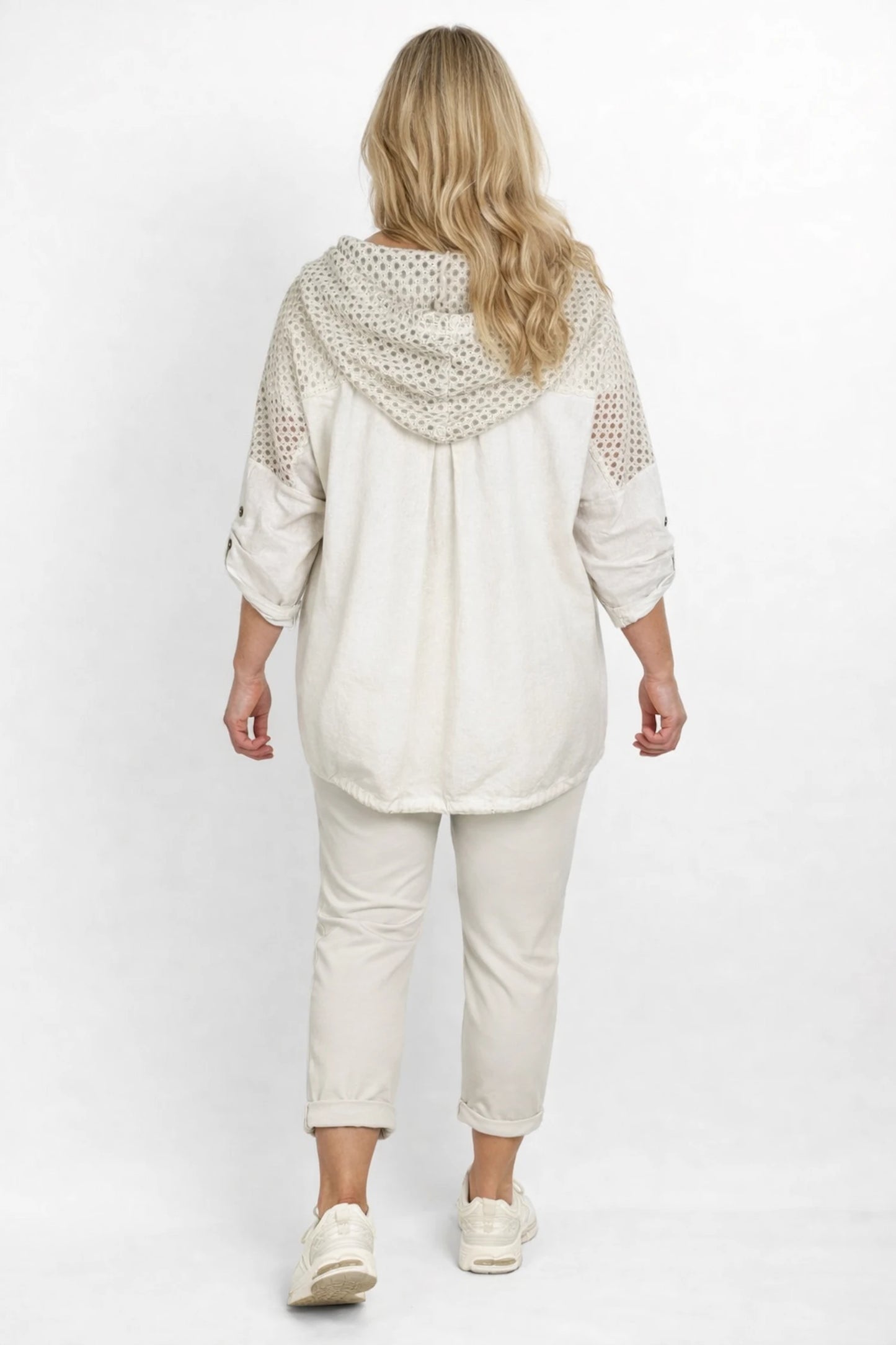 Pure Cotton Linen Look Mesh Detail Button Sleeve Double Pocket Rosalie Zipped Hoodie - Beige