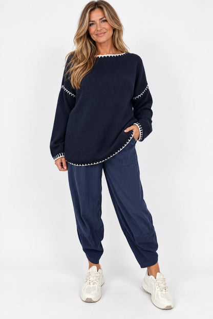 Pure Cotton Needlecord Double Panel Pocket Elasticated Waist Fara Pants - Navy