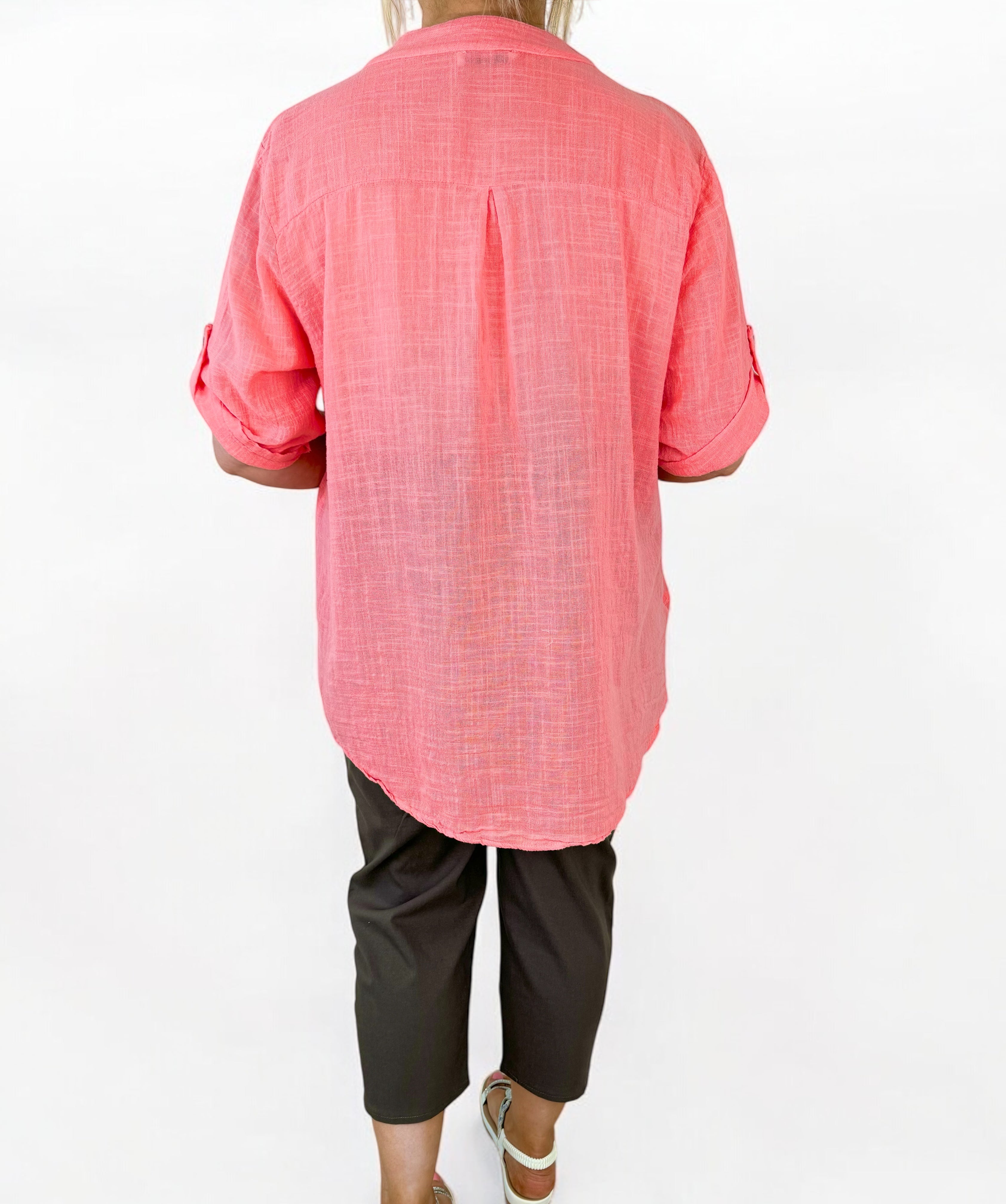 Pure Cotton Embroidery Anglaise Button Sleeve Elara Shirt - Coral