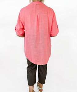 Pure Cotton Embroidery Anglaise Button Sleeve Elara Shirt - Coral