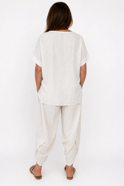Linen Mix Sequin Floral Mesh Sleeve Detail Sophia Top - Natural Cream