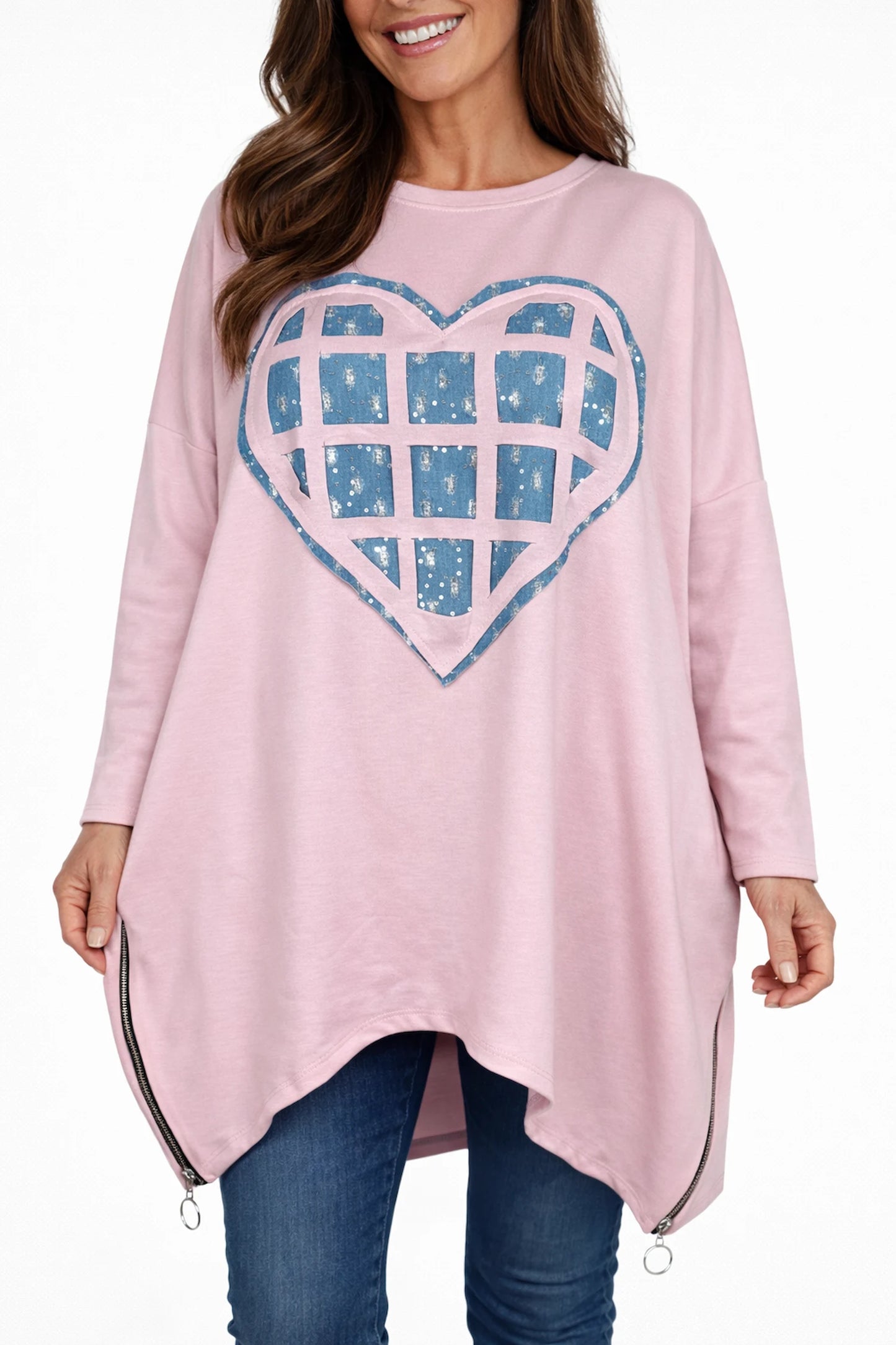 Sparkle Denim Heart Zip Side Detail Maria Sweatshirt - Baby Pink