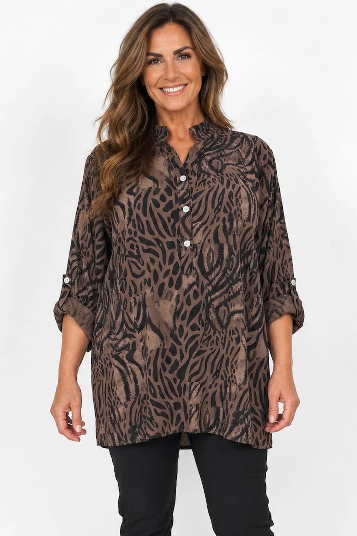 Ziara Button Sleeve Animal Button Shirt - Chocolate