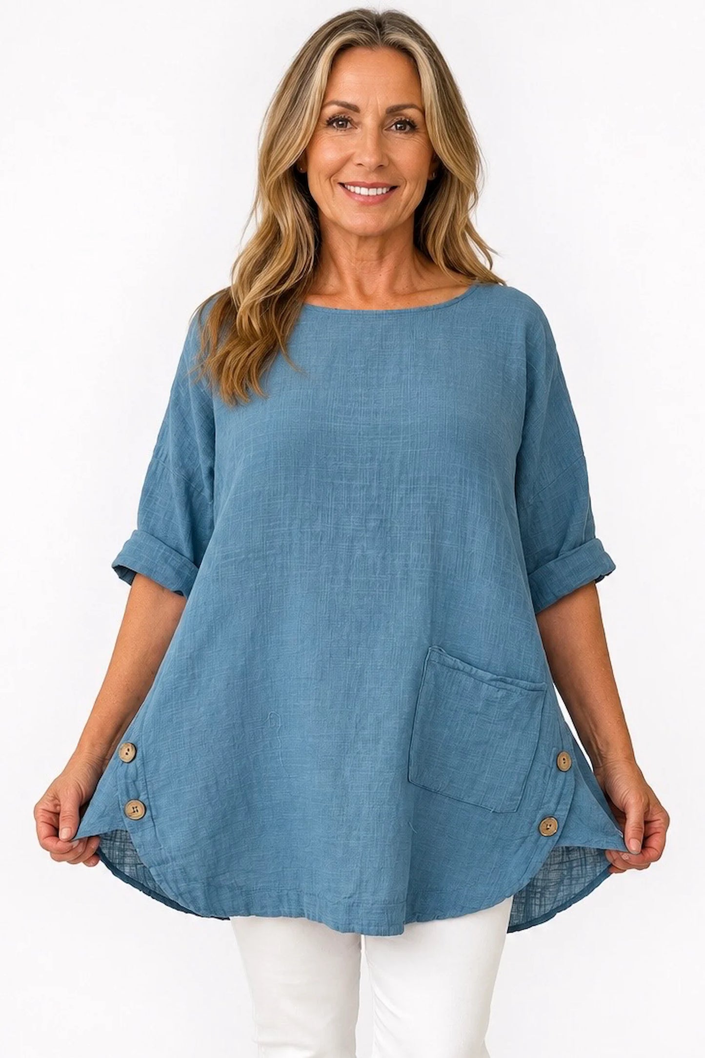 Linen Look Pure Cotton Button Detail Pocket Venice Top - Denim