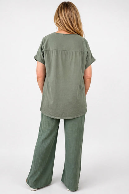 Cotton Linen Mix Embroidered Flower Mesh Hem Solara Top - Khaki