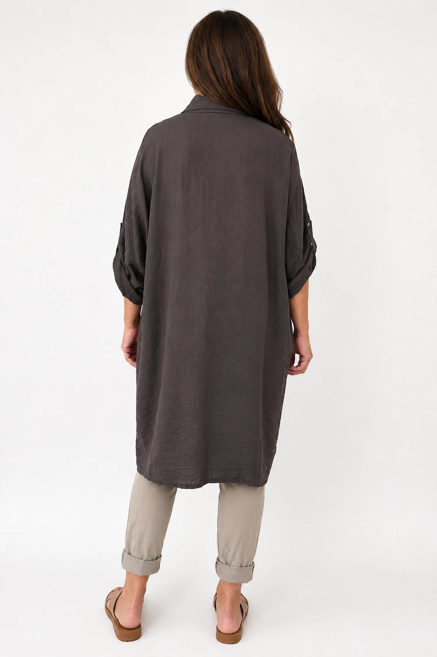 Button Sleeve Maxine Longline Button Shirt - Chocolate