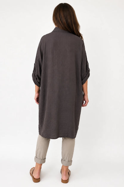 Button Sleeve Maxine Longline Button Shirt - Chocolate