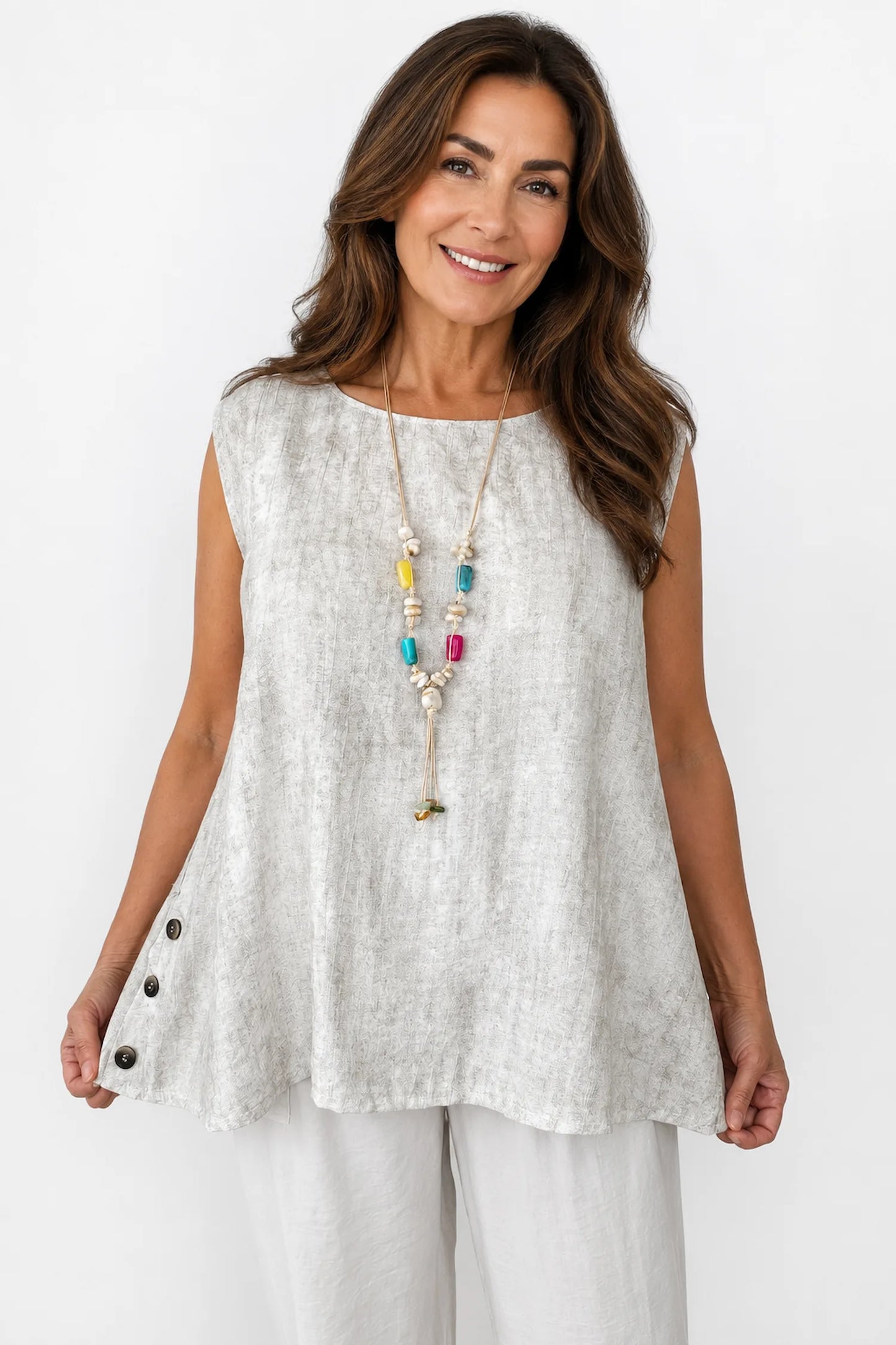 Lightly Textured Button Detail Carla Necklace Vest - Washed Stone