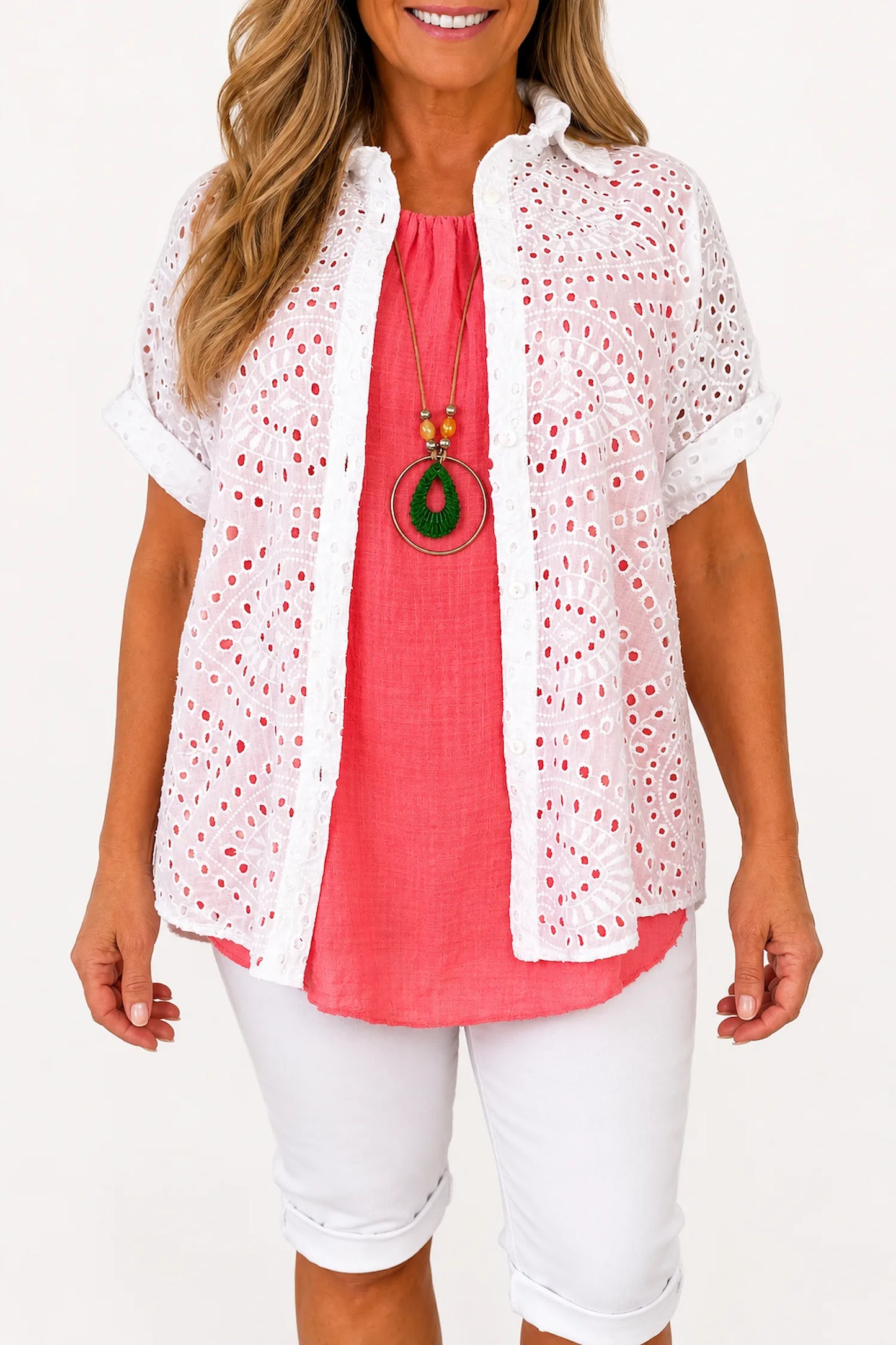 Pure Cotton Embroidery Anglaise Crochet Button Sleeve Milan Button Shirt - Santorini White