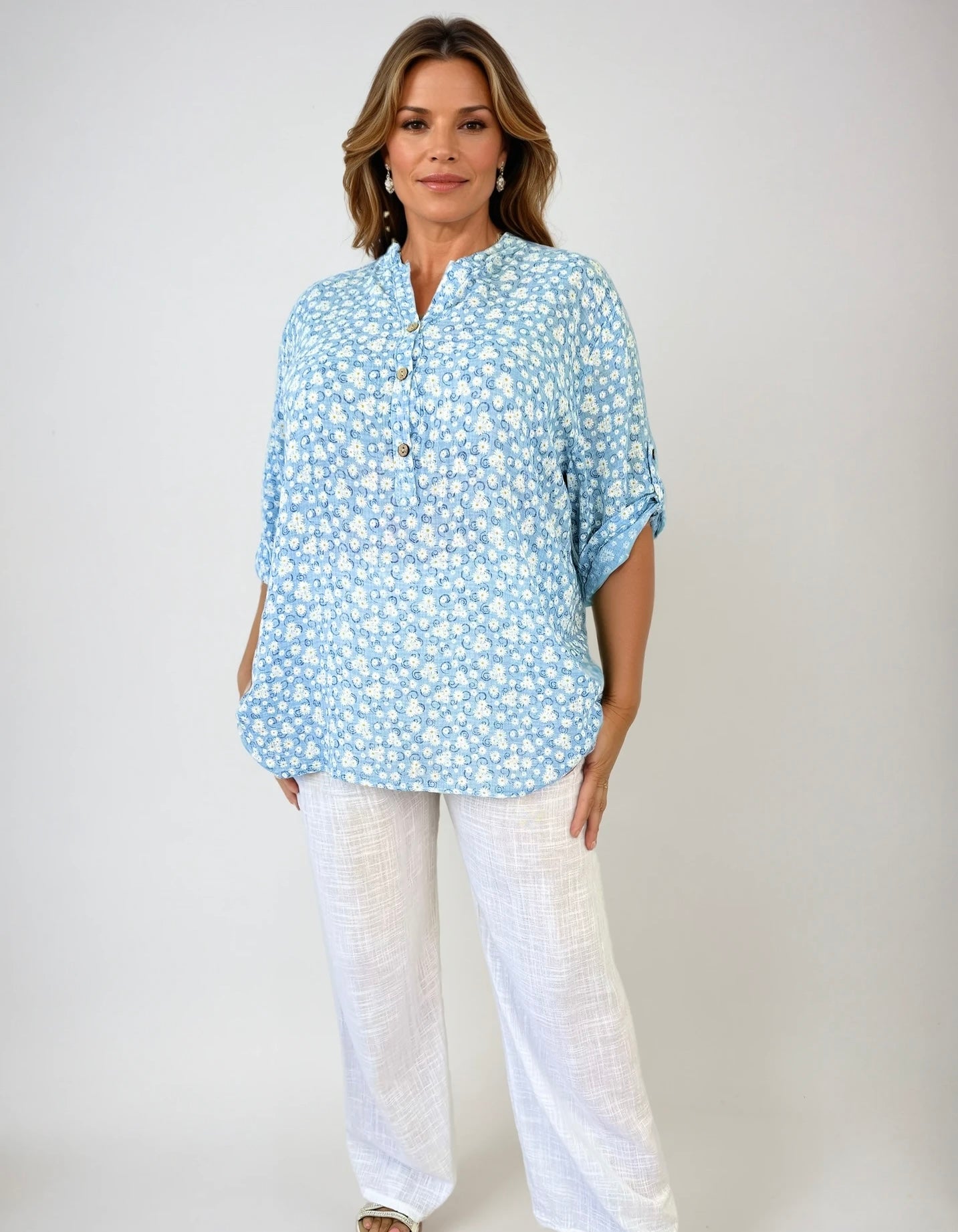 Pure Cotton Daisy Button Sleeve Carli Shirt - Baby Blue