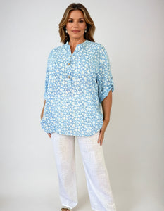 Pure Cotton Daisy Button Sleeve Carli Shirt - Baby Blue