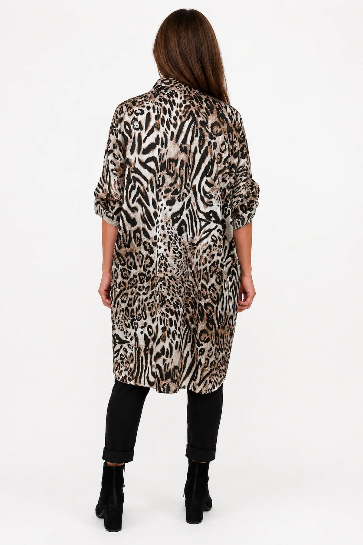 Pure Cotton Shimmer Finish Button Sleeve Viana Leopard Longline Button Shirt - Leopard