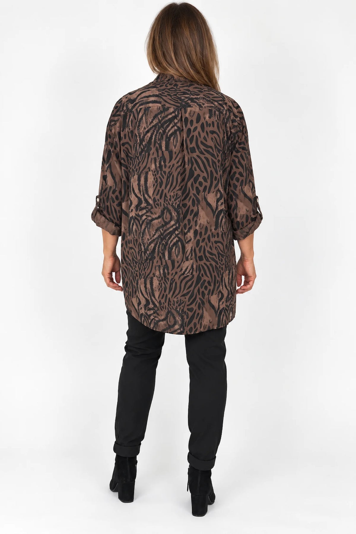Ziara Button Sleeve Animal Button Shirt - Chocolate