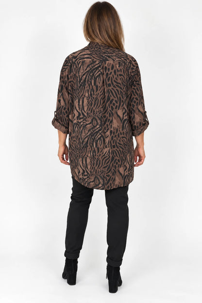 Ziara Button Sleeve Animal Button Shirt - Chocolate