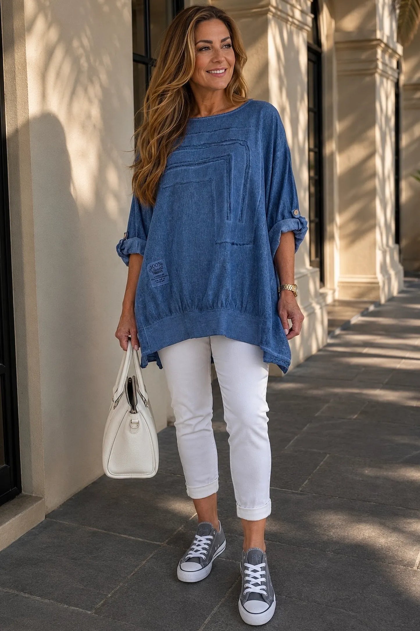 Linen Cotton Mix Button Sleeve Badge Detail Cliana Top - Washed Denim